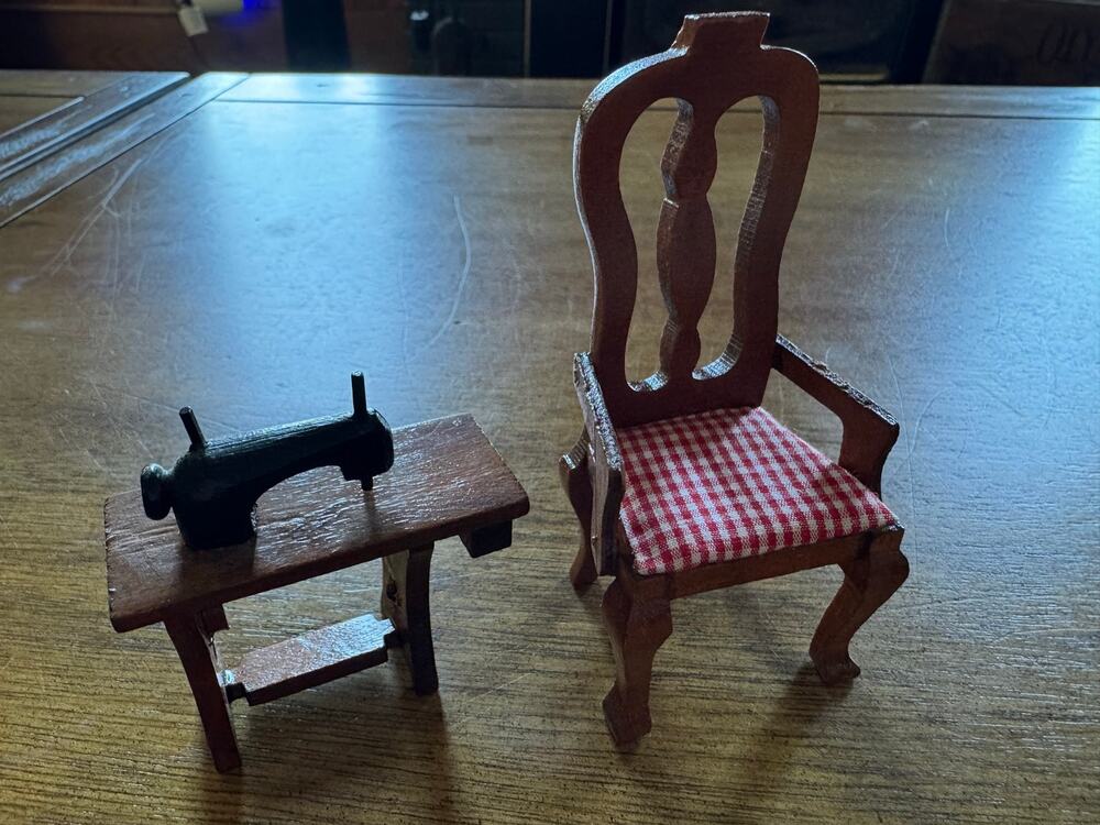 Miniature Wooden Sewing Table & Chair Dollhouse Furniture Set